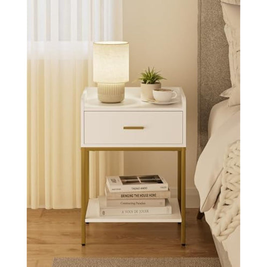 HEYZOEY Bedside Table, 3-Tier Bedside Cabinet with Storage Drawer and Open Shelf, Small End Side Table with Gold Legs for Bedroom, Living Room, White