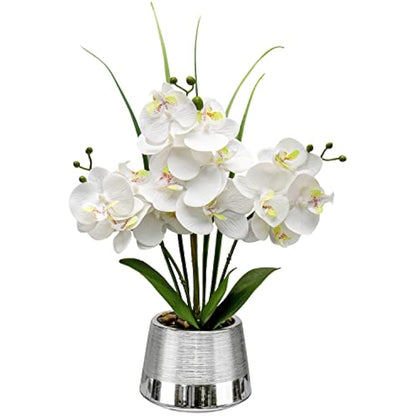 Oairse 40cm Artificial Orchid Flowers White Artificial Flower in Silver Ceramic Pots Real Touch Silk Phalaenopsis with 14 Flowers Fake Orchids Plant for Home Kitchen Bathroom Table Centerpiece Decor