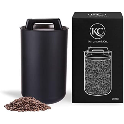 KC Kitchen & Co. Coffee Can Airtight for 1 kg Coffee Beans with Vacuum Lid (Holder for Coffee, Tea, Stainless Steel Storage Tin, Aroma Close, Storage Tin, Matte Black, 2800 ml