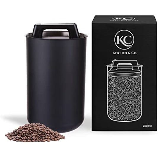 KC Kitchen & Co. Coffee Can Airtight for 1 kg Coffee Beans with Vacuum Lid (Holder for Coffee, Tea, Stainless Steel Storage Tin, Aroma Close, Storage Tin, Matte Black, 2800 ml