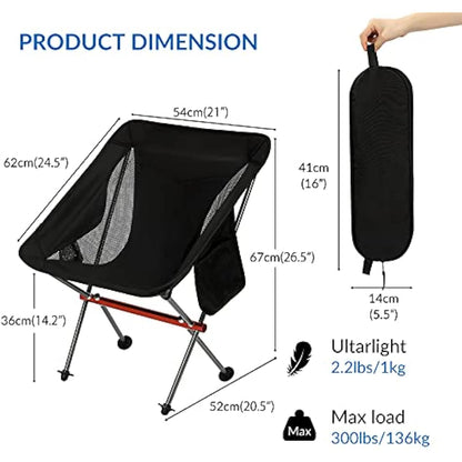 SHALLWE Ultralight Portable Camping Chair,Aviation Aluminum Frame Compact Folding Chairs,300lbs Capacity with Wide Feet and Storage Bag,Suitable for Camping,BBQ,Hiking,Beach,Lawn(Gray)