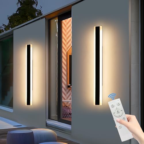 Mikeru 100cm LED Outdoor Wall Light, 2 Pack with Remote Control Dimmable, 3 Colour Temperature 3000K/4500K/6500K Exterior Wall Sconce, IP65 Waterproof Outdoor Porch Wall Light for Balcony, Patio