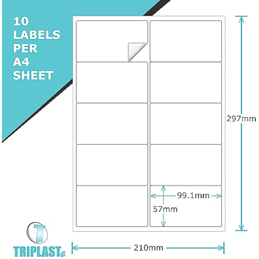 Triplast 50 x Multipurpose A4 Label Sheets - 10 Labels Per Sheet (99 x 57mm Each) - Easy Peel White Labels for Inkjet & Laser Printer - Address Labels, Shipping Labels, File Labels, DIY Stickers