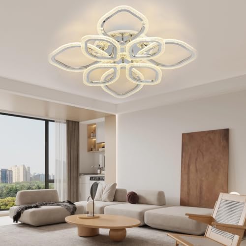 Qcyuui LED Leaf Ceiling Lamp Chandeliers, Modern Flush Mount Ceiling Light 100 W Acrylic Dimming Close to Ceiling Lighting Fixture for Lounge Dining Room Kitchen, with Remote/8-Head
