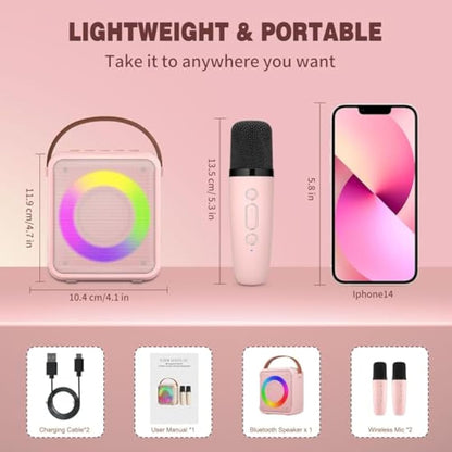 Ankuka Karaoke Toys for Kids & Adults with 2 Microphones, Portable Karaoke Machine with LED Light and Voice Changing Effects, Gifts for Age 3-18 Kids Boys Girls Families Birthday Party (Pink)