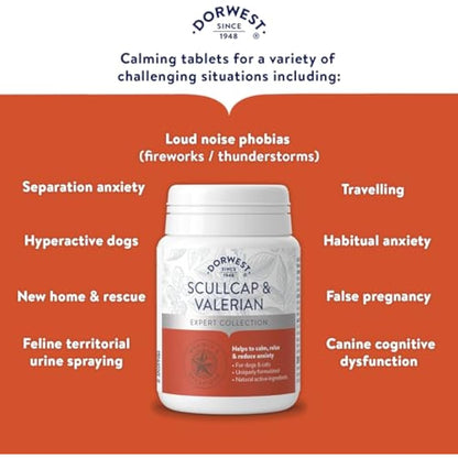 DORWEST HERBS Scullcap & Valerian Calming Tablets for Dogs and Cats, 200 Tablets, Natural Dog Calming Supplements for Stress and Anxiety Relief – Sugar-Free, Non-Drowsy, Light Yellow Tablet, 14DOR017