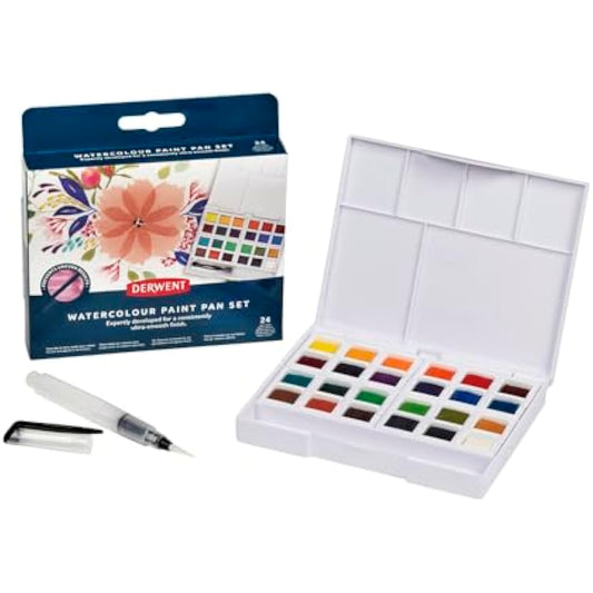 Derwent Watercolour Paint Pan 24 Set, Set of 24, Half Pan Size, Water-Soluble, Ideal for Painting, Professional Quality, Travel Size, 2306324