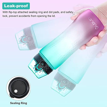 OLDLEY 750ml/25oz Water Bottles with Straw BPA Free Tritan Water Bottles for Gym School Sports Travel Leakproof Time Markings Durable Drink Bottles for Adult Kids Women Men(Green Purple, 1 Lid)
