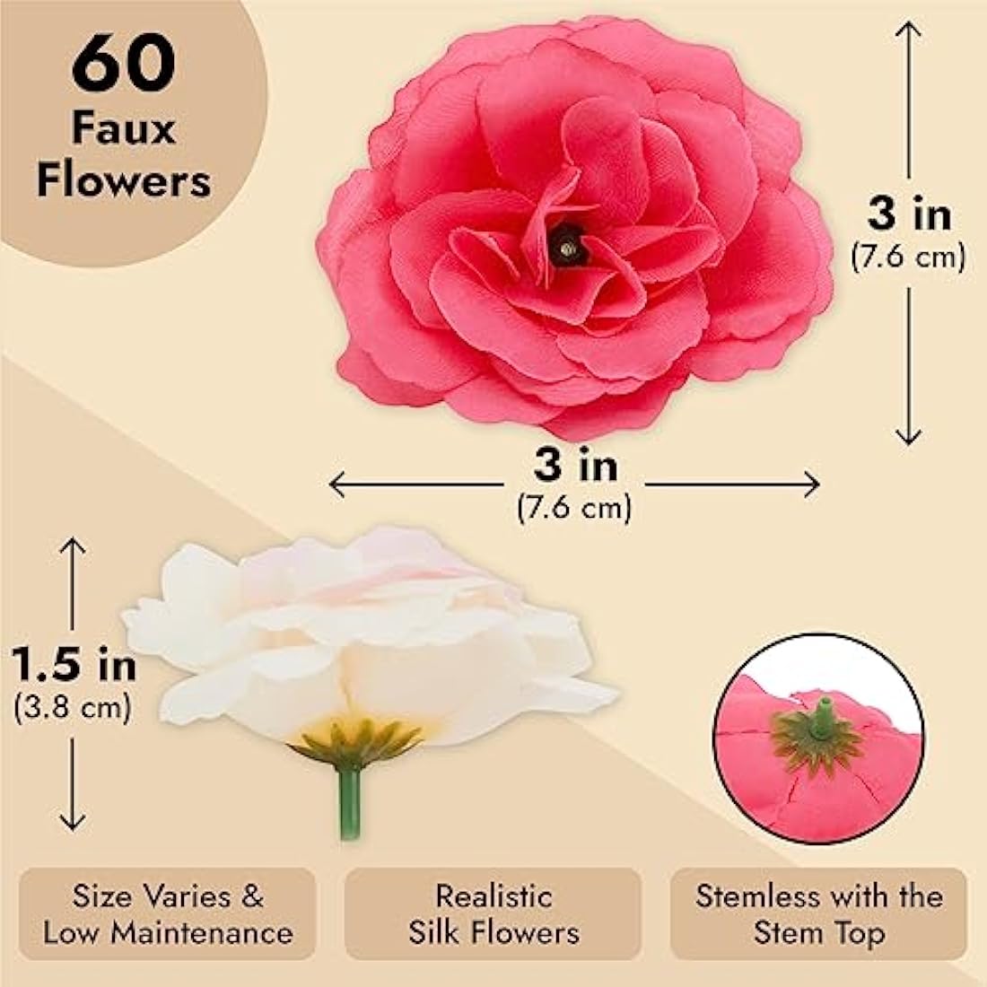 Juvale 60 Pack Silk Artificial Flower Heads for Bridal Shower Decorations, Fake Carnations for Wedding, Arts and Crafts (7 cm, 6 Colours)