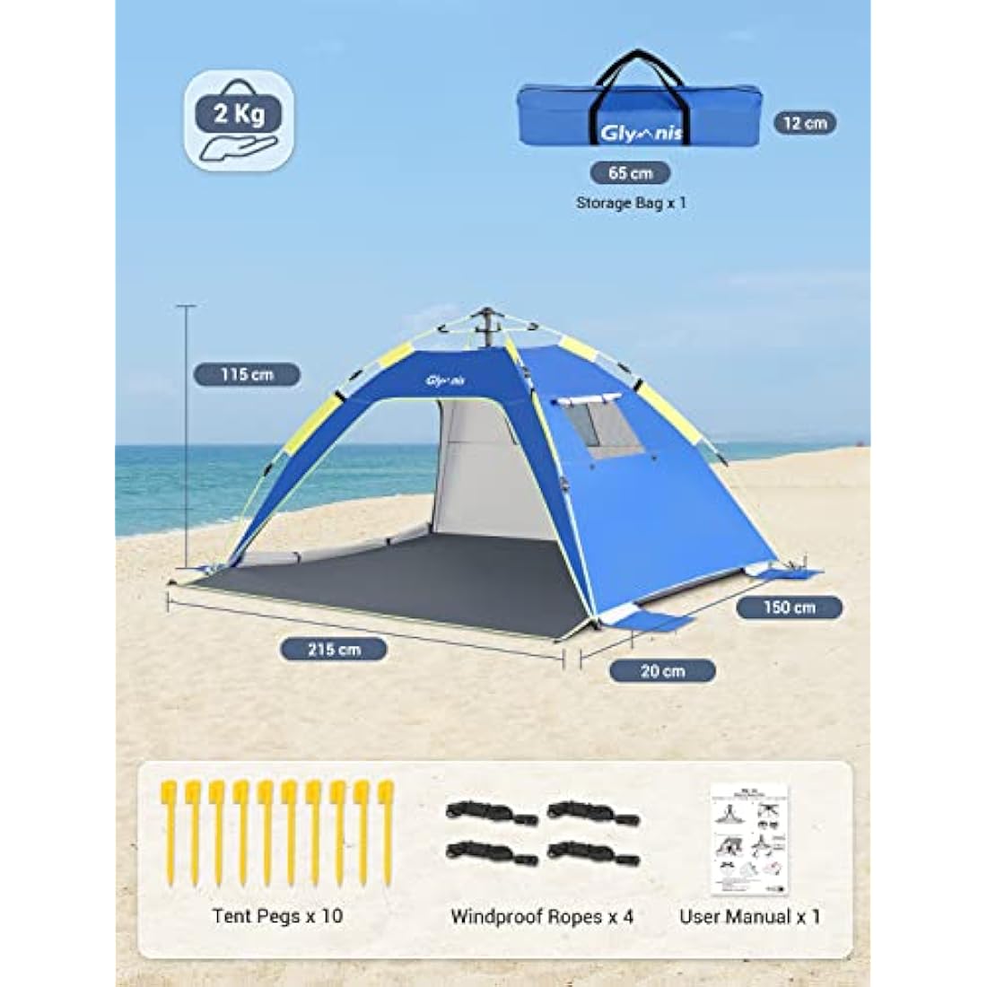 Glymnis Pop Up Beach Tent 3-4 Person Instant Pop Up Automatic Beach Tent UV Protection with Side Door, Easy Setup Portable Sun Shelter for Garden, Fishing, Picnic