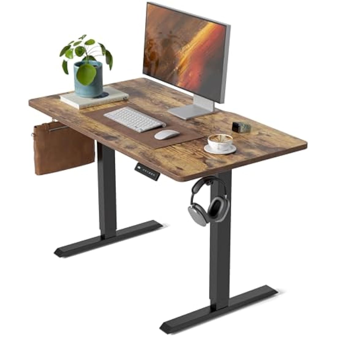 FEZIBO Electric Height Adjustable Standing Desk with digital display control panel, 60x100cm Ergonomic Home Office Table for sit stand with Splice Board & Rustic Wood Grain Surface