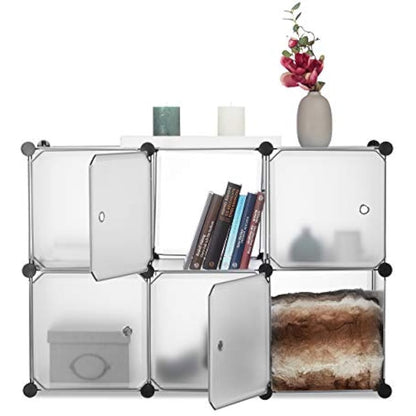 Relaxdays Shelving System with 6 Doors, DIY, Cubes, Handles, Partition, Plastic, HWD: 97.5x66x32 cm, Transparent