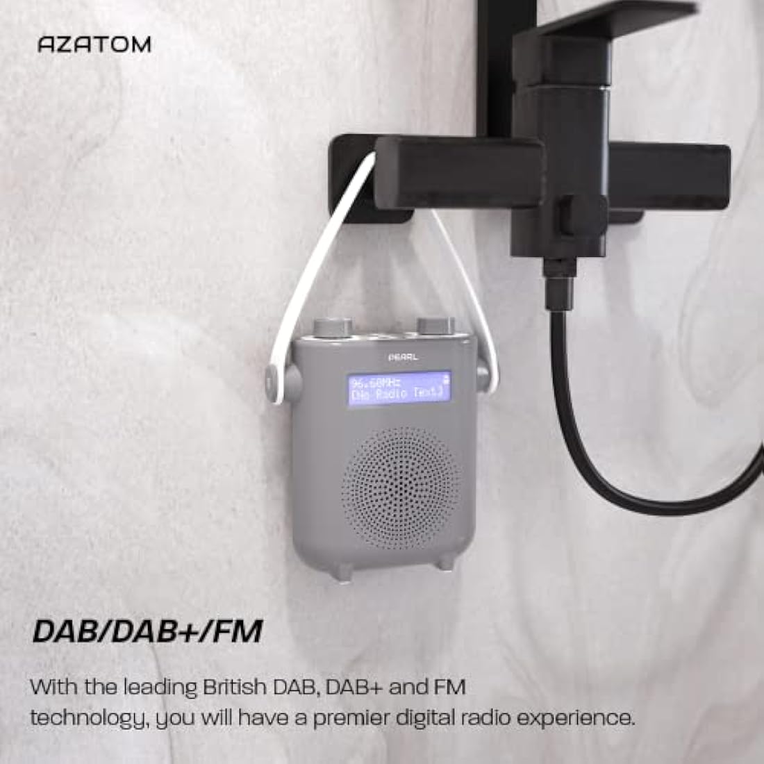 DAB/DAB+ & FM Digital Shower Radio | Bluetooth | IPX5 Waterproof Technology | Rechargeable Battery | Perfect for Home, Bathroom or Outdoors | AZATOM Pearl (Grey)