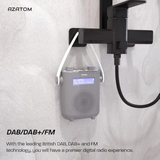 DAB/DAB+ & FM Digital Shower Radio | Bluetooth | IPX5 Waterproof Technology | Rechargeable Battery | Perfect for Home, Bathroom or Outdoors | AZATOM Pearl (Grey)