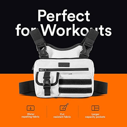 Fitdom Tactical Inspired Sports Utility Chest Pack. Chest Bag for Men with Built-in Phone Holder. This EDC Rig Pouch Vest is Perfect for Workouts, Cycling & Hiking, White, Vest Fit