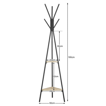 BAKAJI Black Floor Coat Rack Space-Saving Toronto Model, Floor Stand with 5 Hooks and 2 Shelves for Entrance, Clothes Stand for Coats, Hats, Bags