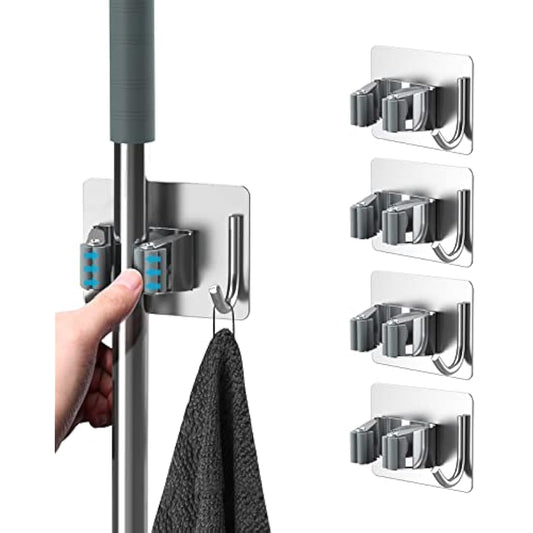 homeasy Mop Broom Holder, 4 Pcs Stainless Steel Self Adhesive Mop Holder Wall Mounted with Hooks Hanger Self-Adhesive Broom Holder for Bathroom, Kitchen, Office, Closet, Garden Garage(Silver)