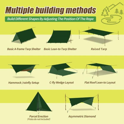 Bessport Camping Tent Tarp 3m x 3m/3m x 4m Waterproof PU3000 mm with Eyelets & 6 Aluminium Stakes & 8 Nylon Ropes, Anti-UV Suitable for Camping, Picnic, Hammock