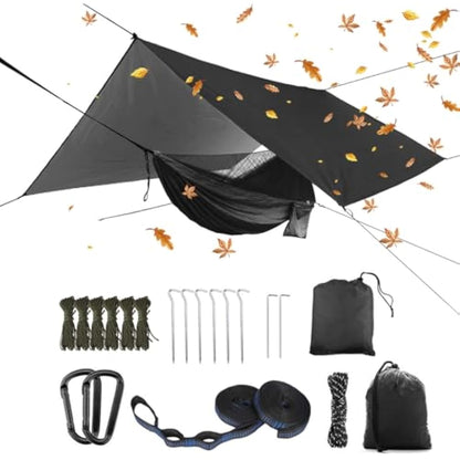Oversized rain rope tarp and camping hammock with mosquito net, portable single double hammock with tree strap hammock set for camping, backpacking hikes, outdoor backyard