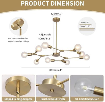Modo Lighting Modern Sputnik Chandelier Light 9 Lights Gold Ceiling Mid Century Pendant Light for Kitchen Living Room (Gold)