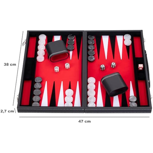 Engelhart - 250507 - Luxury Backgammon - Red - 38 cm - 15 Inches - Faux Leather - Felt Inlay - Pearl Dice and Chips + 2 Cups - Strategy - Backgammon Game