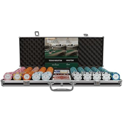Bullets Poker Set, 2 Plastic Card, Dice, Dealer Button, Manual & Travel Case – with Case for Texas Hold’em, Casino Games, & Prominence – Ideal Poker Set with Chips and Cards, 500 Clay 'Carmela' Chips.