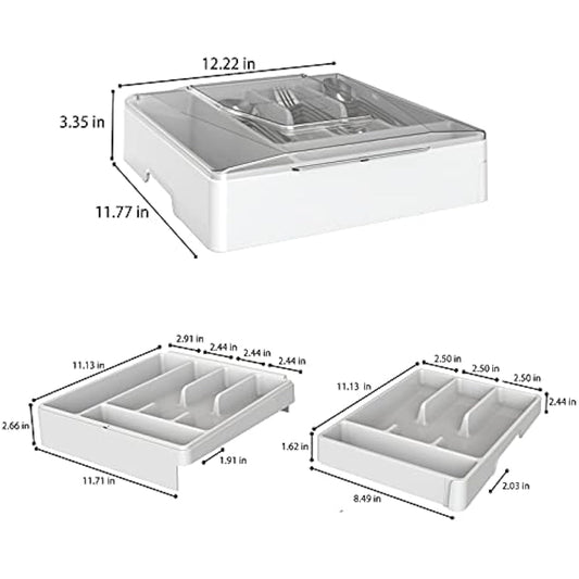 Double Layer Flatware Organizer with Lid, Cutlery Tray for Countertop Silverware Tray for Kitchen Drawers with 2 Tier Utensil Holder and 9 Compartments Silverware Storage Bin (White)