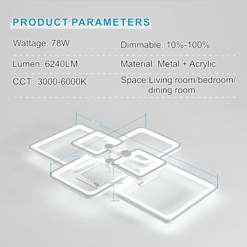 HIHIHOMY Modern LED Ceiling Light Dimmable with Remote Control 6-Ring Living Room Geometric Design 78 W 6630 LM, White for Bedroom, Kitchen, 3000-6500 K Lamp [Energy Class F]