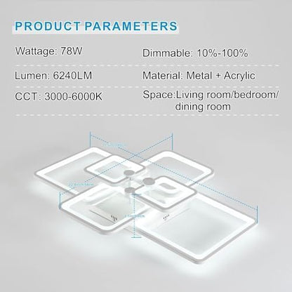 HIHIHOMY Modern LED Ceiling Light Dimmable with Remote Control 6-Ring Living Room Geometric Design 78 W 6630 LM, White for Bedroom, Kitchen, 3000-6500 K Lamp [Energy Class F]