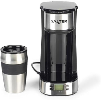 Salter EK2732 Personal Coffee Machine - One Cup Filter Coffee Maker, Includes 420ml Stainless Steel Travel Mug, Removable & Washable Filter, Quick Brew In 3-4 Mins, Compatible With Ground Coffee, 750W
