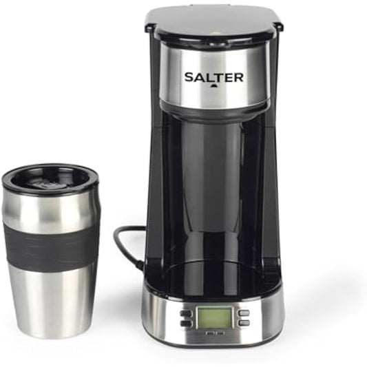 Salter EK2732 Personal Coffee Machine - One Cup Filter Coffee Maker, Includes 420ml Stainless Steel Travel Mug, Removable & Washable Filter, Quick Brew In 3-4 Mins, Compatible With Ground Coffee, 750W