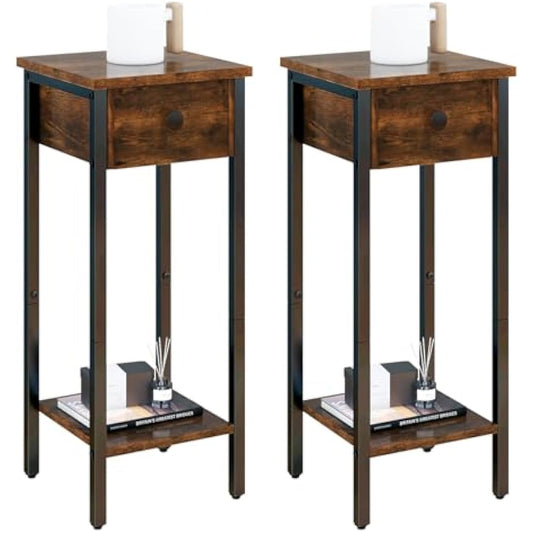 IBUYKE Slim Bedside Table Set of 2, Narrow Nightstand with Drawer, Telephone Table for Small Spaces, 25x25x70cm, Small Side End Table for Bedroom Living Room Hallway, Brown TMJ417H-2