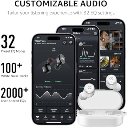TOZO T10 Wireless Earbuds Bluetooth 5.3 Headphones, 55H Playtime with Wireless Charging Case, App Customize EQ, Ergonomic Design IPX8 Waterproof Headset Powerful Sound for Workout, Calls