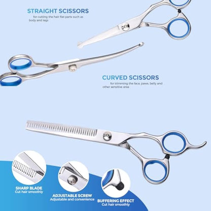 EVERESTA Dog Grooming Scissors with Safety Round Tips, Heavy Duty Titanium Pet Grooming Trimmer Kit, Professional Thinning Shears, Straight Scissors with Comb for Dogs and Cats (Set of 5)