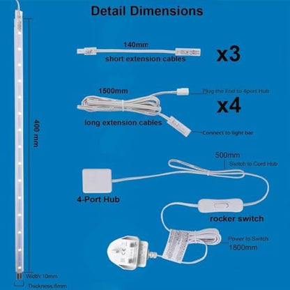 Cefrank LED Display Light Bar Kit - (4) 40cm Linkable Lights - Plug in - Series + Parallel Connection - Low Profile - White 6000K