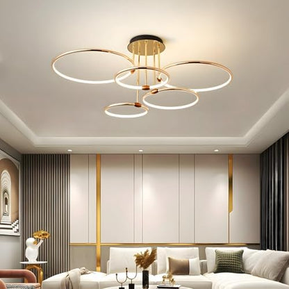 YYUTLUO LED Ceiling Light, Ø93cm Gold Metal Circle Chandelier, 108W Stepless Dimmable 3000-6000K, Modern Round Electroplate Pendant, Bedroom Living Children Office Study Kitchen Hallway(5 Ring)
