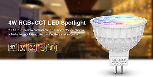 LIGHTEU, 4X 4W 12V MR16 GU5.3 RGB+CCT LED Spotlight Color Changing and CCT WW CW Temperature Adjustable, Original Mi-Light, Bulb with a 4-Zone Remote