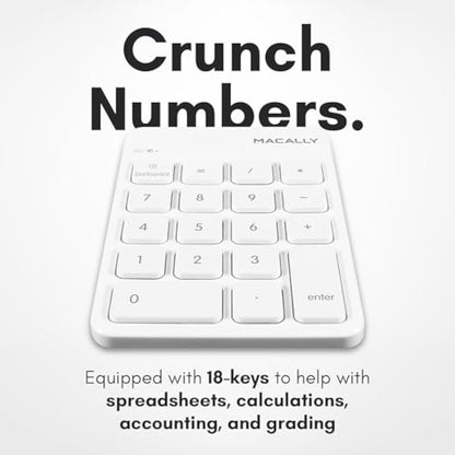 Macally Bluetooth Number Pad for Laptop, Apple, Mac, iMac, MacBook Pro/Air, Ipad, Windows PC, Tablet, or Desktop Computer - Rechargeable 18 Key Wireless Numeric Keypad - White Bluetooth 10 Key Numpad