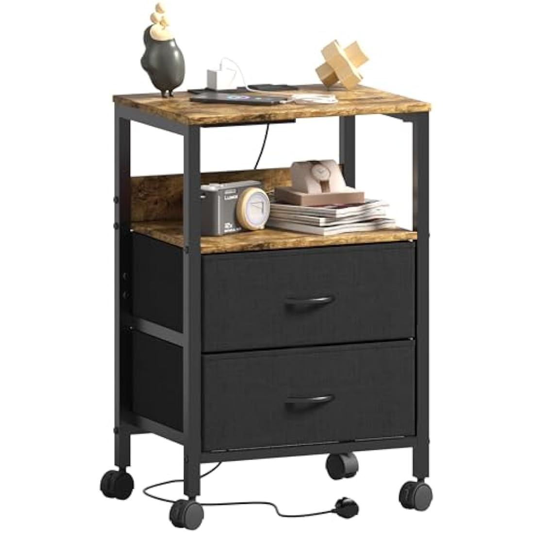 Lutown-Teen Bedside Table with Charging Station, Night Stand Small Bedside Cabinet with Open Storage Shelf and 2 Fabric Drawers, Side Table with 4 Castors for Bedroom, Living Room, Rustic Brown