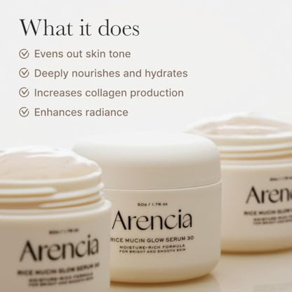 Arencia Rice Mucin Overnight Glow Face Mask Serum 30, 1.76 oz, Plumps Skin with Hyaluronic Acid