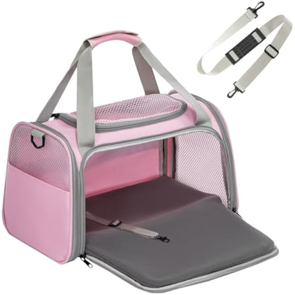 PETSFIT Cat Carrier Soft，Pink Pet Carrier with Extendable Fleece Mat, Puppy Carrier Airline Approved with Safety Leash for Pets Up to 12 Lbs (44 * 26.5 * 27CM, Pink)