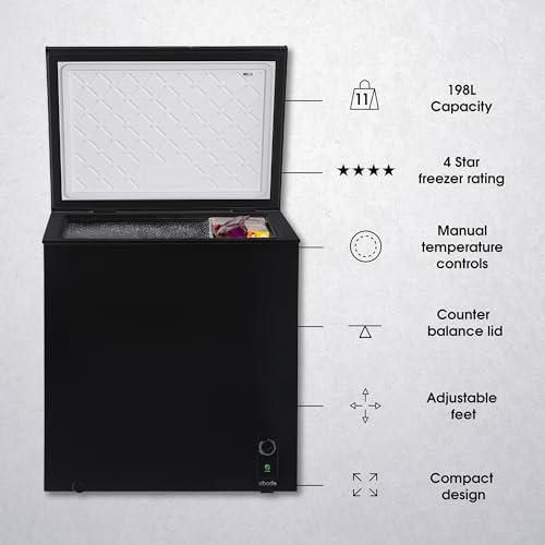 Abode Freestanding Black Chest Freezer 198L with Removable Wire Basket & Counter Balance Lid, Adjustable Thermostat, Suitable for Garages & Outbuildings A198CF0E1B