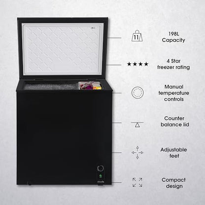 Abode Freestanding Black Chest Freezer 198L with Removable Wire Basket & Counter Balance Lid, Adjustable Thermostat, Suitable for Garages & Outbuildings A198CF0E1B