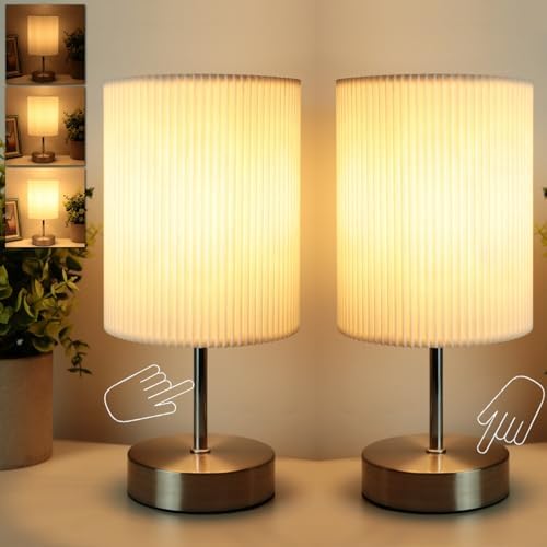 HSLighting Touch Control Bedside Lamps, Table Lamp with Metal Base 3-Way Brightness Changing Dimmable LED Light Bulbs Desk Lamp Night Light for Bedroom Living Room (Metal Base-Silver-2pack)