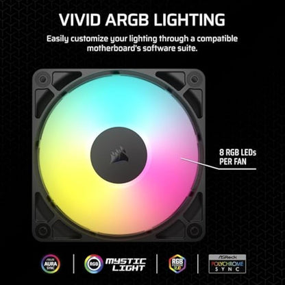 Corsair RS120 ARGB 120mm PWM Fans – Daisy-Chain Connection – Low-Noise – Magnetic Dome Bearing – Triple Pack – Black