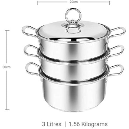 Penguin Home 3 Tier Stainless Steel Food Steamer Pan Set, Induction Safe Stainless Steel Lid with Knob, Sturdy Steel Handles, Kitchen Pan Steamer Set for Cooking, (20 Cm) Silver