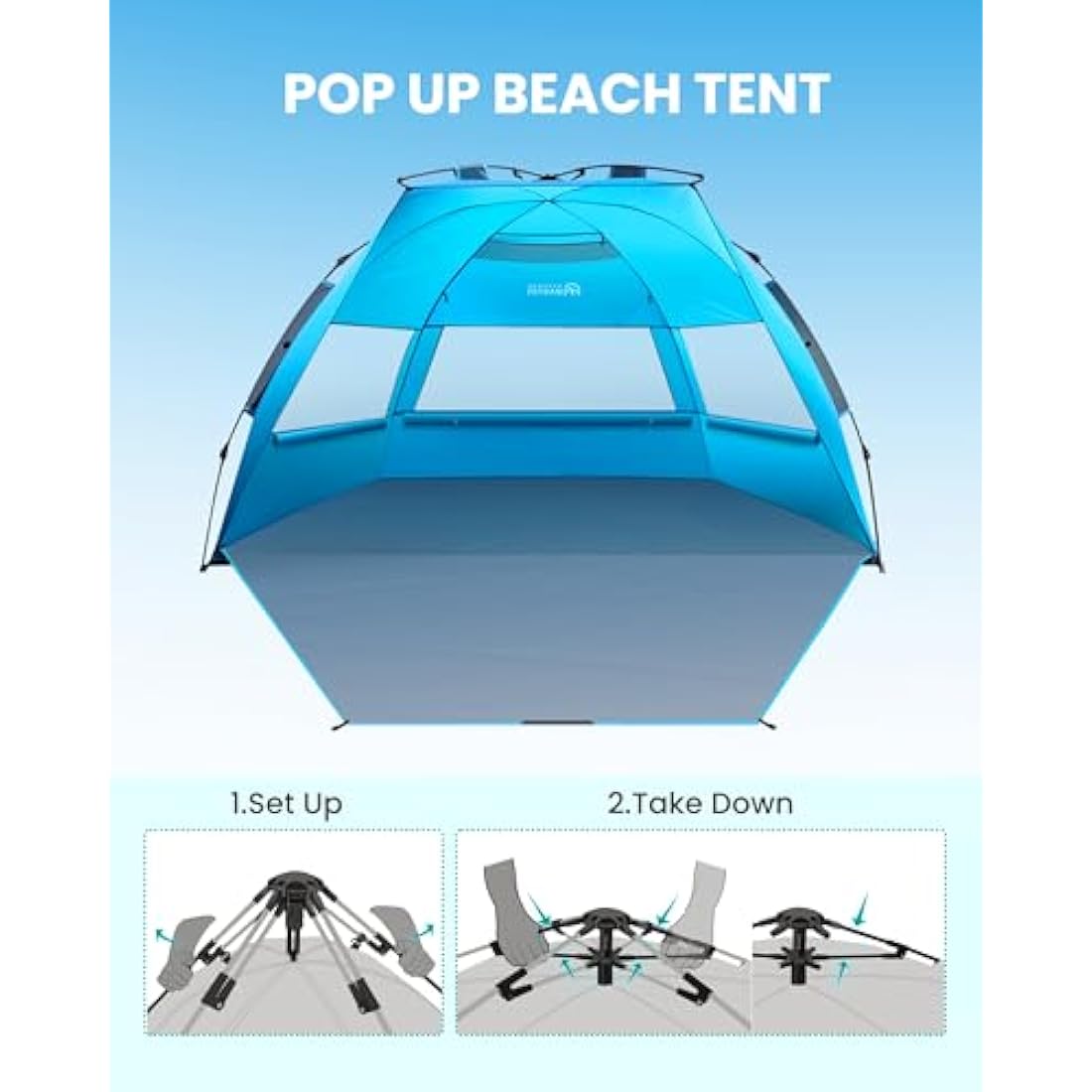 OutdoorMaster Pop Up 3-4 Person Beach Tent X-Large - Easy Setup, Portable Beach Shade Canopy Folding Sun Shelter with UPF 50+ UV Protection Removable Skylight Family Size