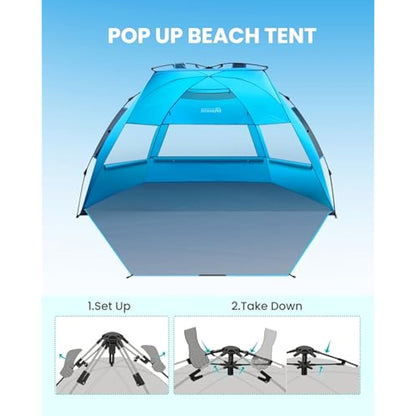 OutdoorMaster Pop Up 3-4 Person Beach Tent X-Large - Easy Setup, Portable Beach Shade Canopy Folding Sun Shelter with UPF 50+ UV Protection Removable Skylight Family Size