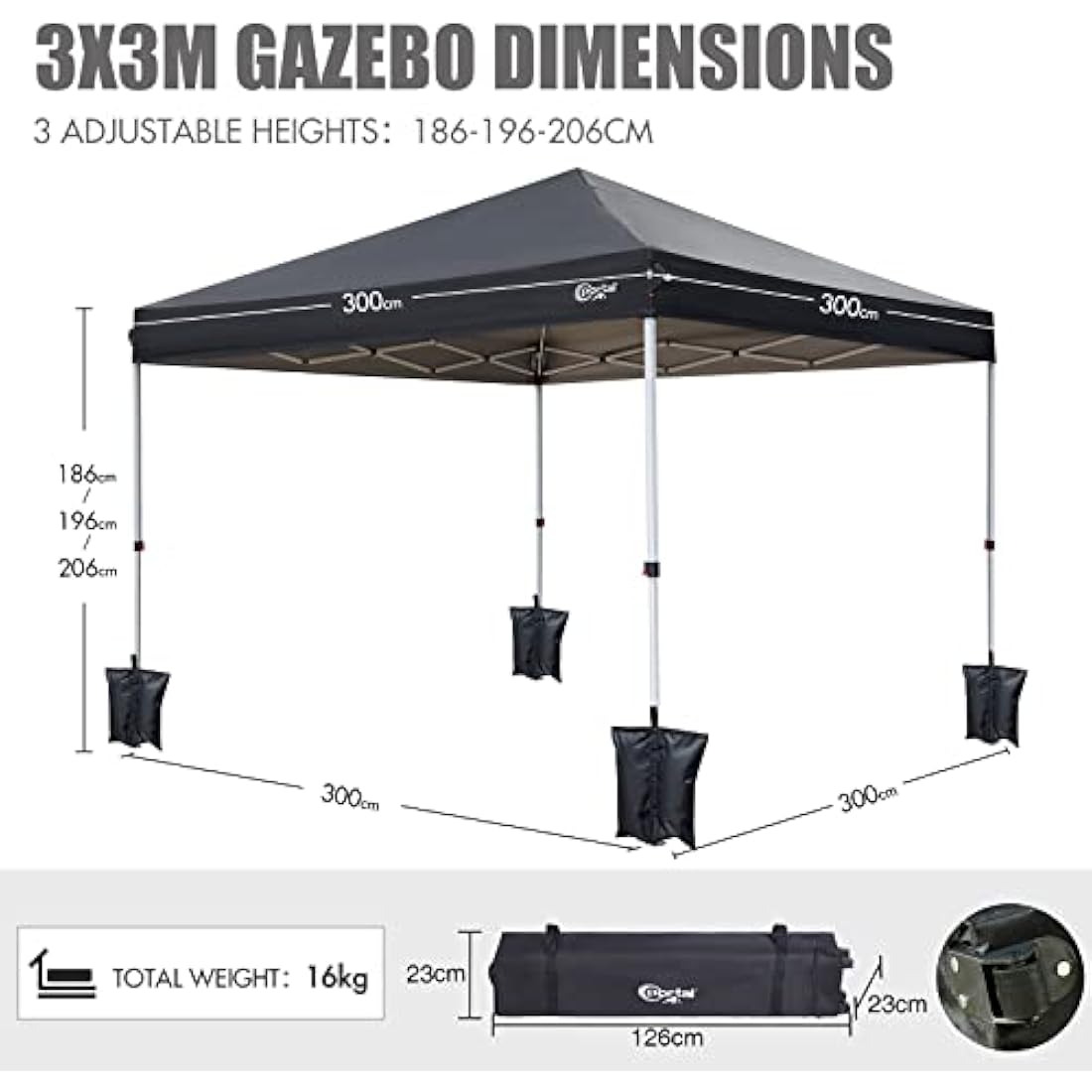 PORTAL Pop up Gazebo 3m x 3m (10x10ft) Heavy Duty Commercial Grade Instant Event Shelter Garden Canopy Outdoor Camping Gazebo 1000mm Water Resistant Sun Shade Shelter Fire Retardant for Hot Tub Beach