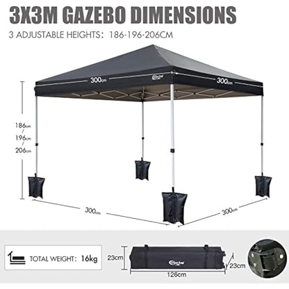 PORTAL Pop up Gazebo 3m x 3m (10x10ft) Heavy Duty Commercial Grade Instant Event Shelter Garden Canopy Outdoor Camping Gazebo 1000mm Water Resistant Sun Shade Shelter Fire Retardant for Hot Tub Beach